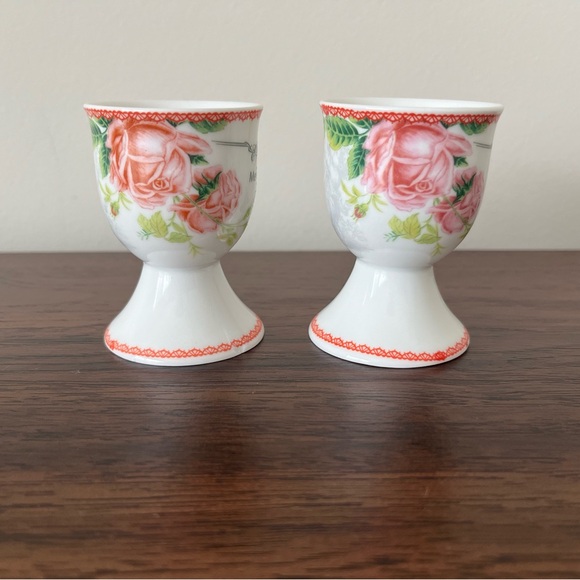 MEVIS LINE Floral Rose Soft Boiled Egg Cups Porcelain Set Of 2 cottage Shabby - Picture 6 of 13